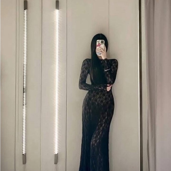 ZARA Black Lace Maxi Dress Long Sleeve Semi- sheer NWT - Picture 10 of 15